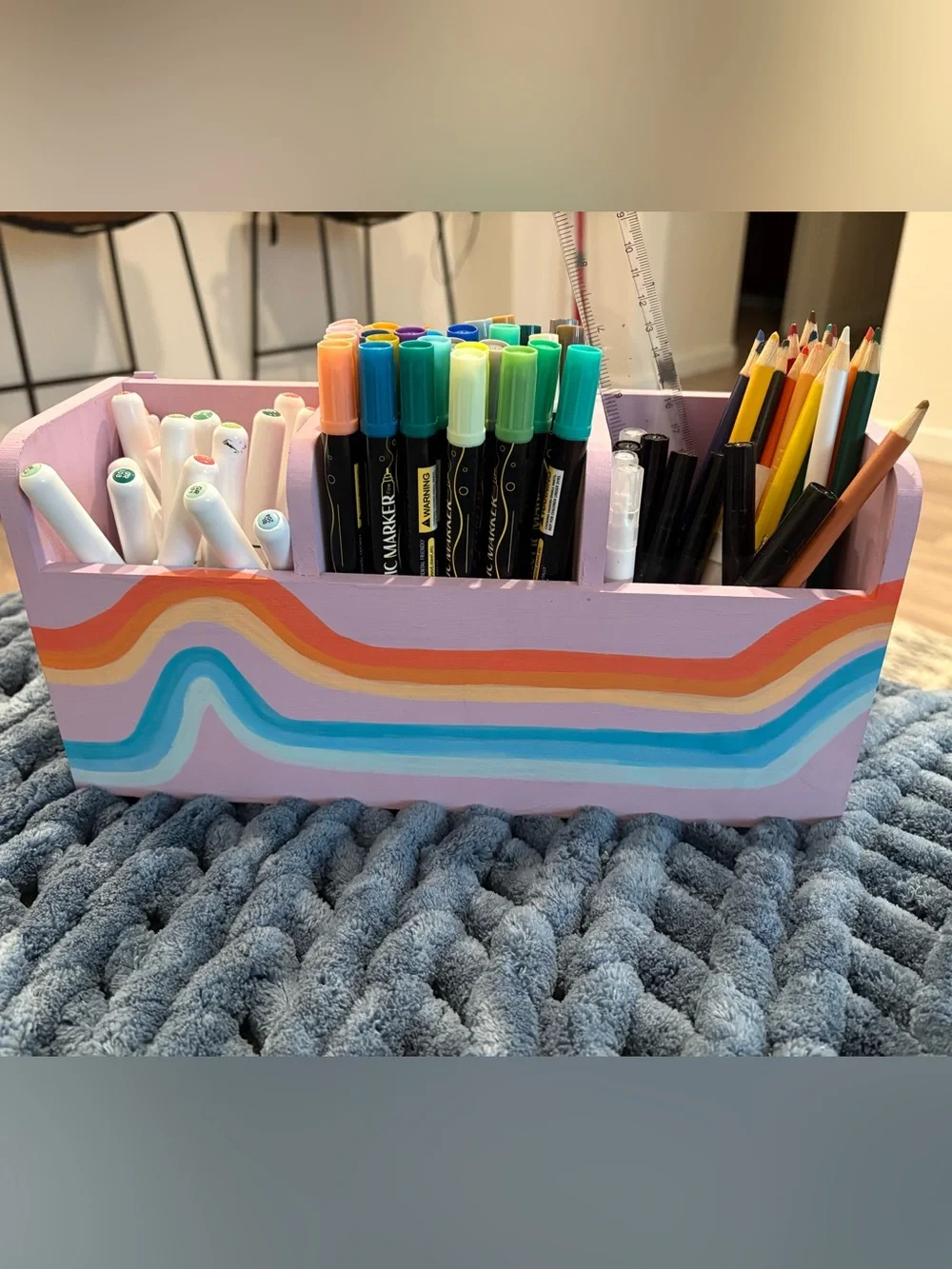 Art Set - Hand-Painted Purple Wooden Desk Organizer with Art Supplies